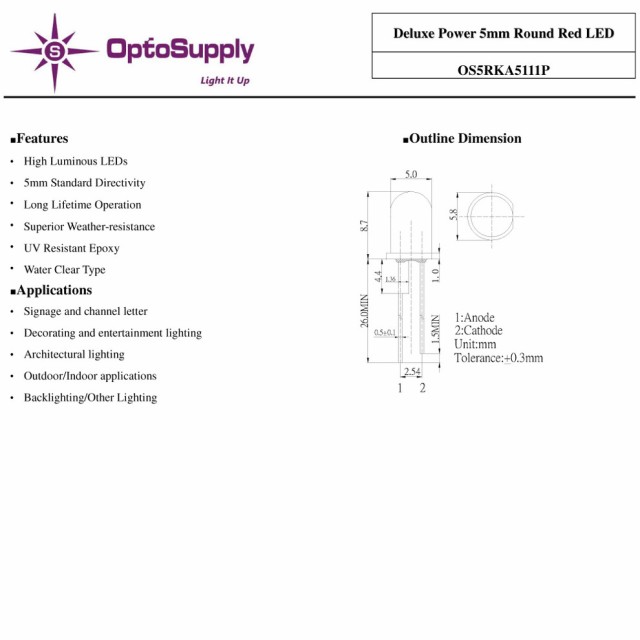 LED 砲弾型 5mm Red OptoSupply Deluxe Power 100000mcd 70mA 15deg OS5RKA5111P  500個の通販はau PAY マーケット 海渡電子有限会社 au PAY マーケット－通販サイト