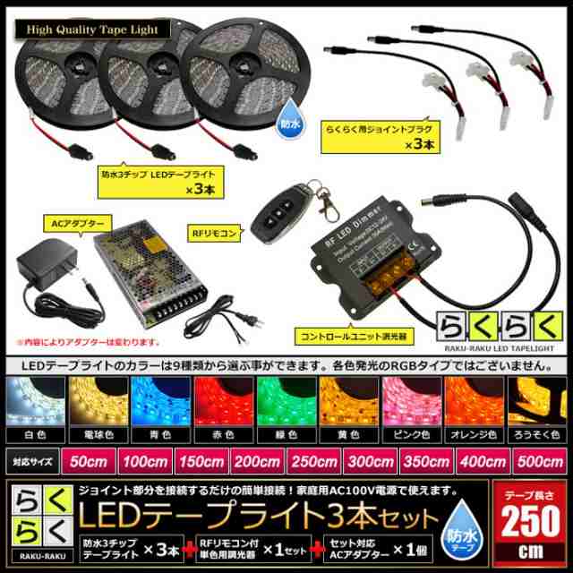 らくらく250cm×3本セット】 防水3チップ LEDテープライト(RoHS対応) +