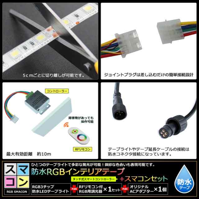 【スマコン200cm×3本セット】 防水RGBテープライト(RoHS対応) +RF調光器+対応アダプター付き｜au PAY マーケット