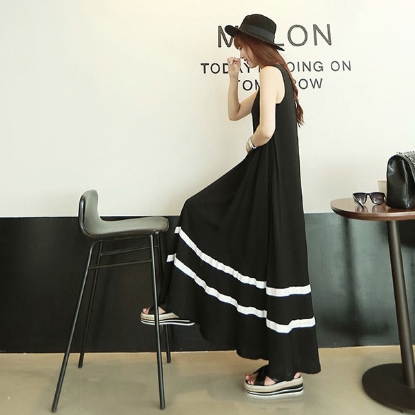 毎日即日発送 送料無料 ワンピース ノースリーブ ロング丈 ミモレ丈 ボーダー 大きいサイズ ブラック Aライン 黒 白 パーティードレの通販はau Pay マーケット Orange