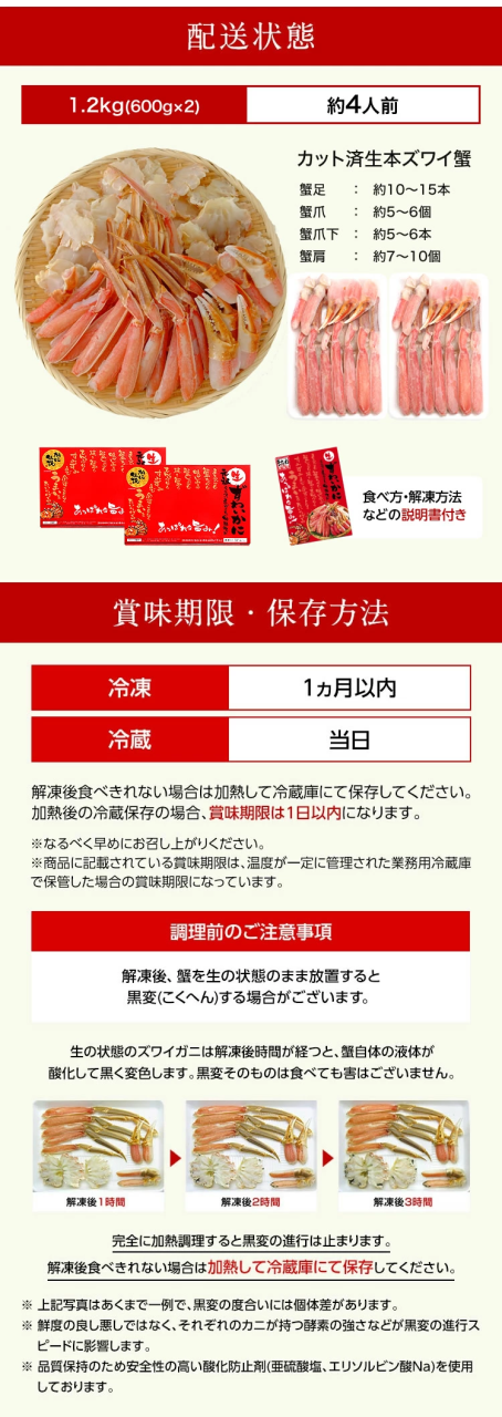 お刺身 かに カニ 蟹 カット済み 生本ずわい蟹1.2kg(600g×2個) のしOK ズワイガニ 鍋 カニ鍋 ポーション のし可 ギフト お歳暮 trend_kaisen_18