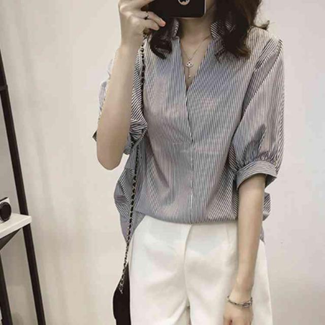 スキッパーシャツ レディース 7分袖 シャツ ストライブ柄 ボーダー柄 スキッパーシャツ 長袖 通勤 フェミニン オフィス レデの通販はau Pay マーケット Tkg