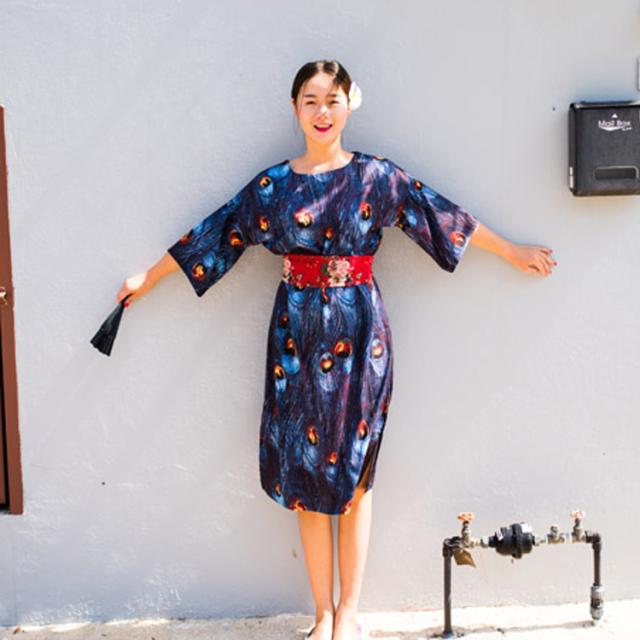 夏ワンピース 和服式ワンピース 5分袖 クジャク羽根柄プリント 膝丈 パーティー 二次会 大人 上品 ワンピース エスニック 和の通販はau Pay マーケット Tkg