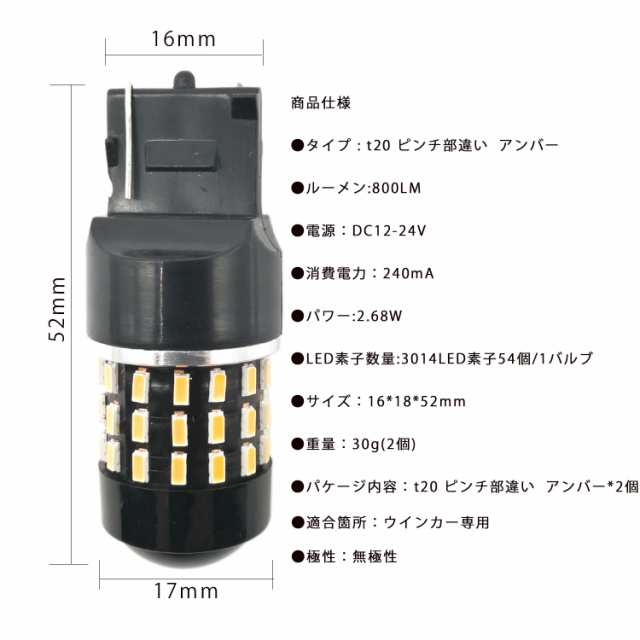 Hoomoo T ピンチ部違い シングル球 Led アンバー ウインカー バルブ 54連 3014smd 無極性 2個セット 1年保証付きの通販はau Pay マーケット Kyq自動車部品専門店