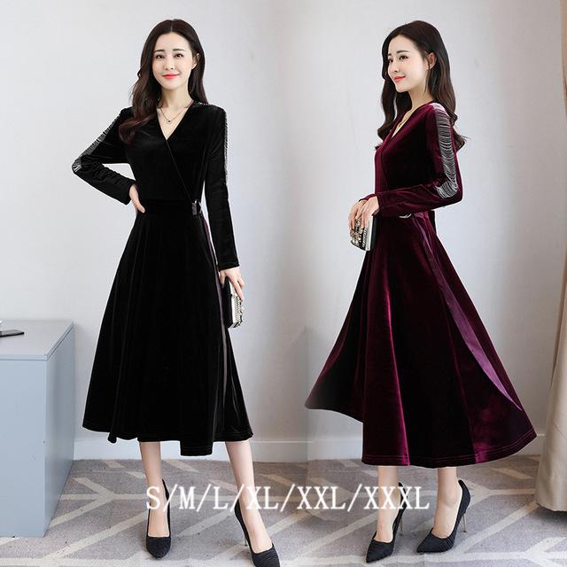ベルベット ワンピース お呼ばれドレス 長袖 フレア ロング丈 フォーマル パーティー レディース 袖あり Vネックの通販はau Wowma リベラルsaitama