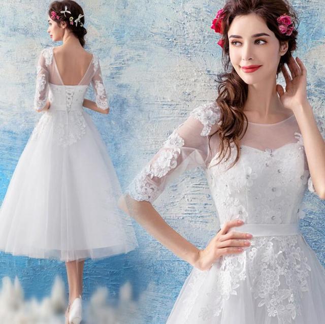 ホワイト ドレス ウェデイングドレス 5分袖 レース エレガント ブライダルドレス 結婚式 花嫁 ミモレ丈 Aライン パーティードレスの通販はau Wowma リベラルsaitama ホワイト ドレス ウェデイングドレス 5分袖 レース エレガント ブライダルドレス 結婚式 花嫁 ミモレ丈 Aライン パーティードレスの通販はau Wowma リベラルsaitama