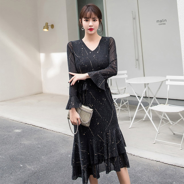 マーメイドワンピース フレア袖 フリル お洒落 パーティー 結婚式 二次会 黒 ワンピース マーメイド 長袖 ワンピースドレスの通販はau Pay マーケット リベラルsaitama