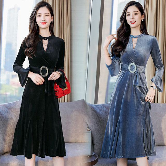 新しいコレクション ワンピース レデイース きれいめ 膝丈 長袖 フレア ベロアワンピース 結婚式 ドレス Aライン 無地 着痩せ 上品 大人 二次 最大30 Off Www Centrodeladultomayor Com Uy