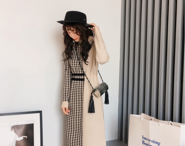 ワンピース ニットワンピース ロングワンピース タートル ロング ニット 千鳥格子 バイカラー ひざ下丈 長袖 ベージュ ブラックの通販はau Pay マーケット Star Train