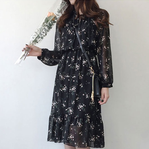 ワンピース ロングワンピース 花柄 シフォンワンピース 裾コンシャス パフスリーブ フレア ひざ下丈 透け感 黒 カジュアルの通販はau Pay マーケット Star Train