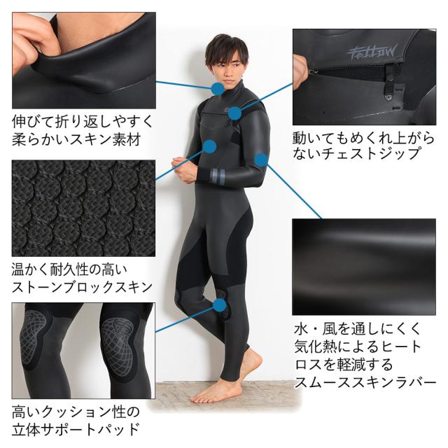 FELLOW セミドライ ウェットスーツ メンズ 5×3mm チェストジップ スキン セミドライスーツ サーフィン 日本規格_4