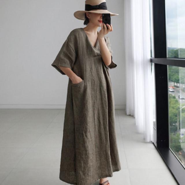 グレージュ ロングワンピース ロングワンピ シンプル 綿麻 リネン Vネックの通販はau Pay マーケット Mistral