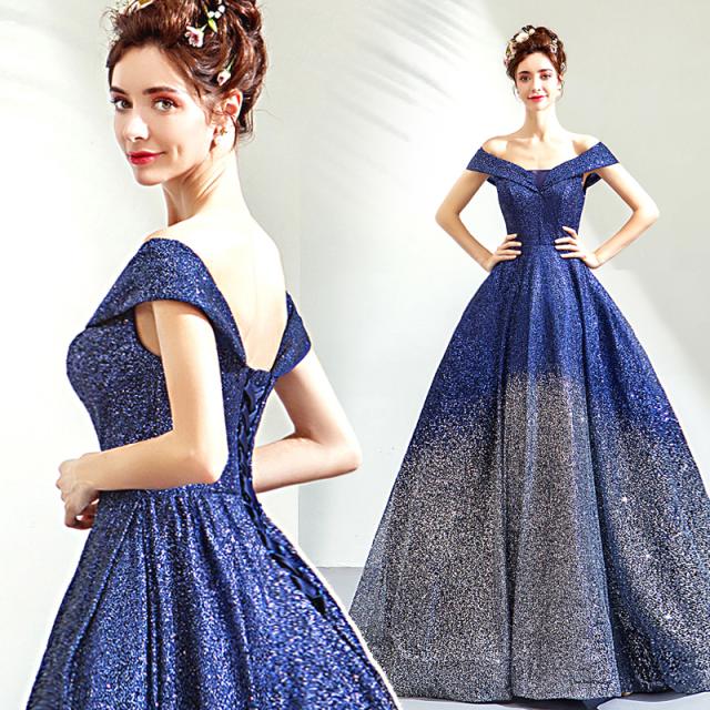 送料無料！ネイビーロマンティック花嫁ウェディングドレス/結婚式礼服/パーティードレス/ワンピース/ドレス ロングタイプスカート/イブニの通販は