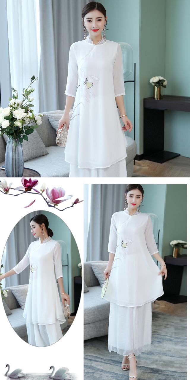 夏服新作チャイナドレス文芸ワンピース レディースマキシ ロング丈民族風スカート復古風中国風撮影用半袖白ワンピ花柄プリントの通販はau Pay マーケット エンブリッジ