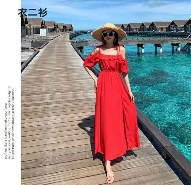 レディースビーチ 海旅行赤いワンピースロング丈 シフォン リゾート ボヘミアン セクシービーチワンピースフェミニンマキシー キャミソーの通販はau Pay マーケット エンブリッジ