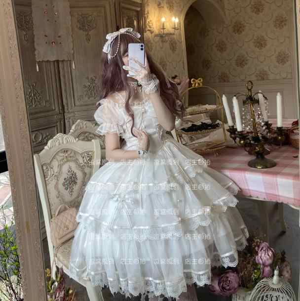 白仙气花嫁春夏ワンカラーゴスロリワンピース ドレス ロリィタ Op膝丈 Lolita ロリータ コスプレ エプロン 日常洋服リボン3段ゴージャスの通販はau Pay マーケット エンブリッジ