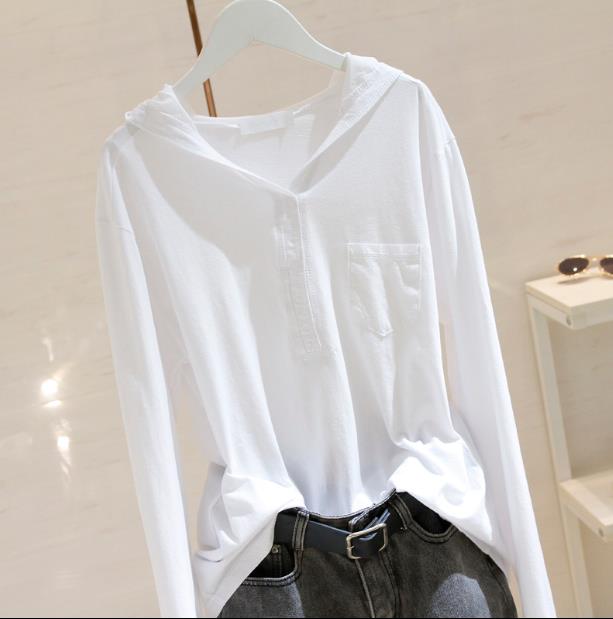 シンプル白ホワイトレディースＴシャツ女性日常服上着長袖女性ｖネック 