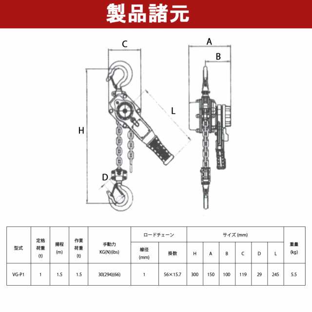 レバーホイスト 2台セット VGP-1 1ton 1.0t 1000kg 1トン 軽量化 小型