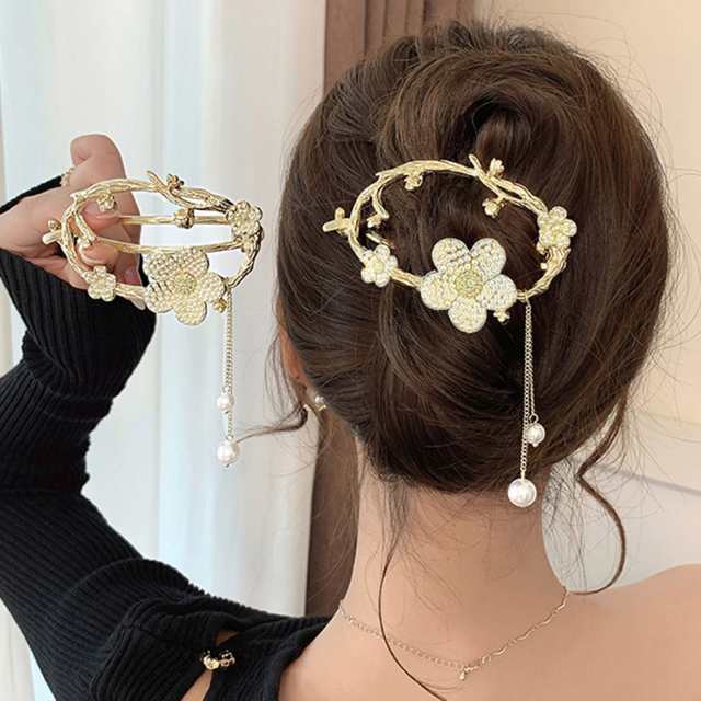 ヘアクリップ バンスクリップ パール 花 揺れる - その他