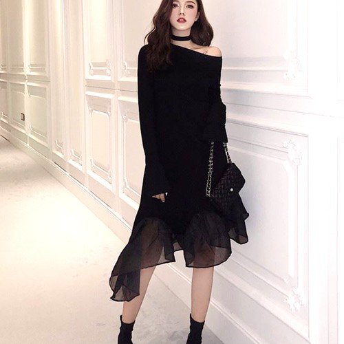 ワンピース 肩出し ワンショル フリル アシンメ ひざ丈 ひざ下 長袖 レディース Eygbaの通販はau Pay マーケット Cocounsecret