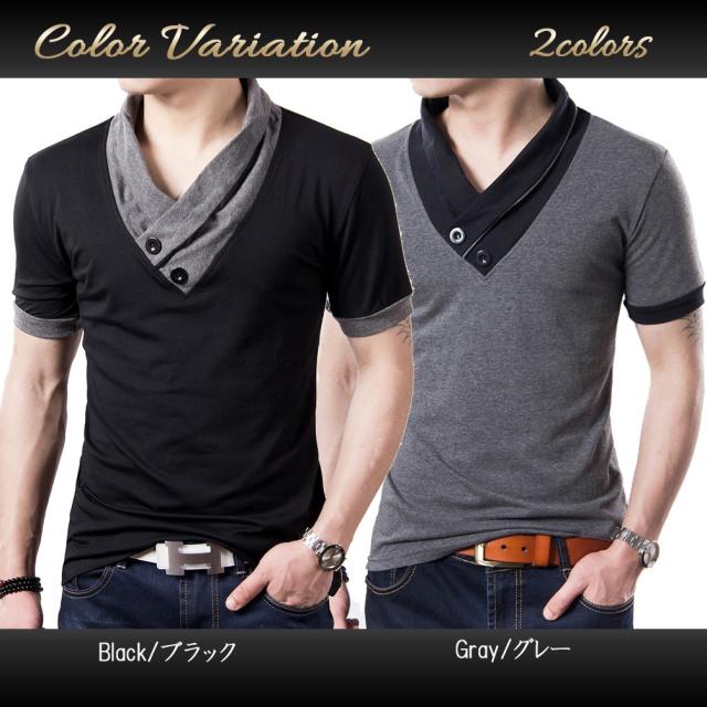 Tシャツ メンズ 半袖 Vネック 無地 カットソー スリム 襟付き おしゃれ