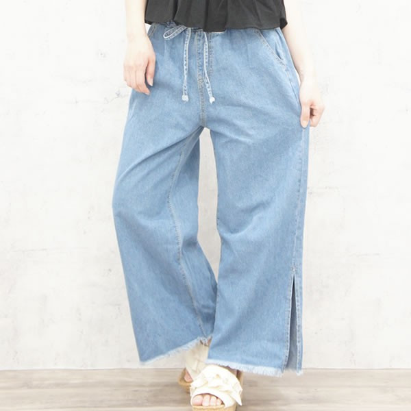 セール 送料無料 スリット デニムパンツ ワイドパンツ レディース 裾フリンジ デニム M L ブルー ネコポス不可の通販はau Pay マーケット Re Black レブラック ダンス 黒い服専門店