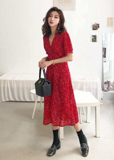 ワンピース ひざ下丈 五分袖 袖あり 半袖 代 30代 赤 レッド アプリコット 春夏 ドット柄 レトロ 水玉 Vネック カジュアル デート ショの通販はau Wowma Rinatrad