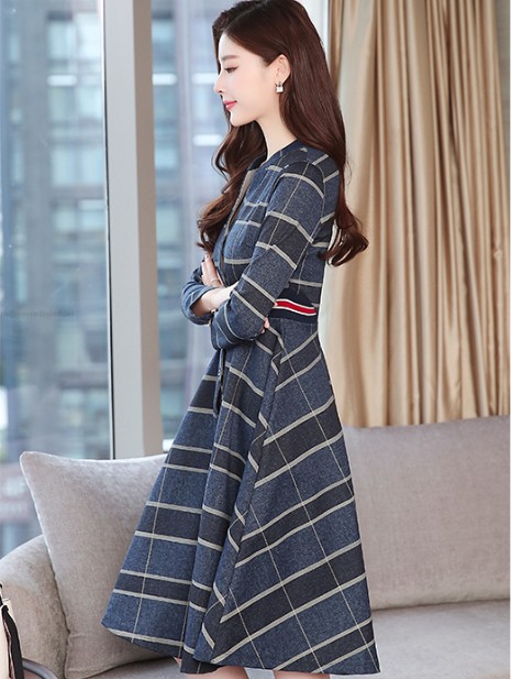 ワンピース ひざ下丈 長袖 袖あり 30代 40代 グレー ブルー 大きいサイズ 秋冬 フレア 襟付き クラシック 清楚 Aライン きれいめの通販はwowma Rinatrad