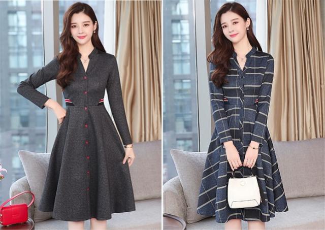 ワンピース ひざ下丈 長袖 袖あり 30代 40代 グレー ブルー 大きいサイズ 秋冬 フレア 襟付き クラシック 清楚 Aライン きれいめ きちんの通販はau Wowma Rinatrad