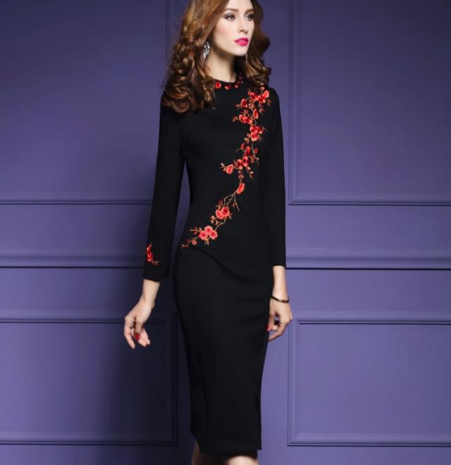 ワンピース ドレス ひざ下丈 長袖 袖あり 40代 黒 タイト 花柄 きちんと感 お呼ばれ 上品 クルーネック 大きいサイズ スリット 大人 S M の通販はau Pay マーケット Rinatrad