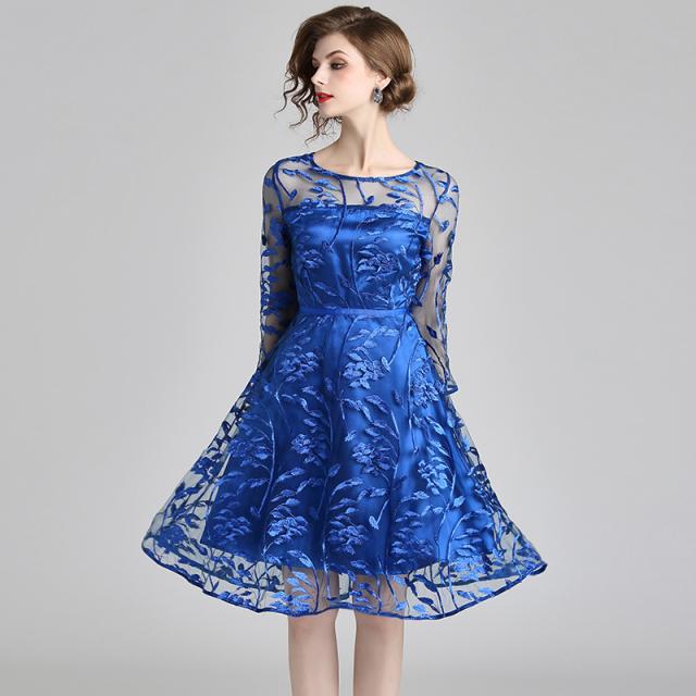 ドレス ワンピース レース ひざ丈 七分袖 袖あり 代 30代 ブルー 青 春夏 透け感 シースルー 結婚式 お呼ばれ 二次会 発表会 演奏会 パの通販はau Pay マーケット Rinatrad