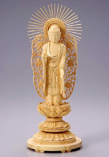 仏像 西立弥陀 阿弥陀如来（柘植 ツゲ・丸台座） 3.5寸