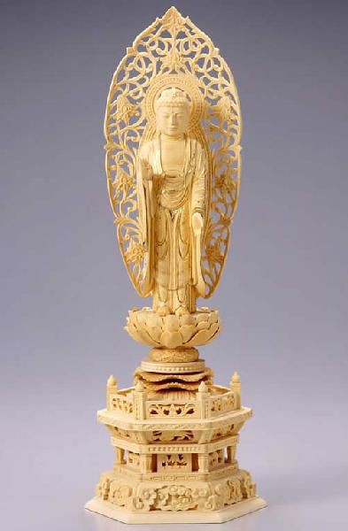 仏像 舟立弥陀 阿弥陀如来（柘植 ツゲ・六角座） 6.0寸