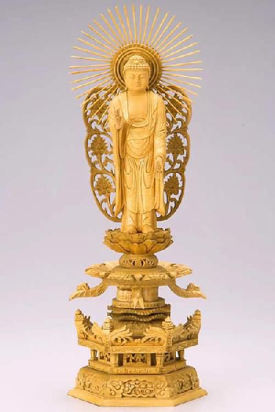 仏像 舟立弥陀 阿弥陀如来（白木 桧・丸台座） 4.5寸 - 仏壇仏具