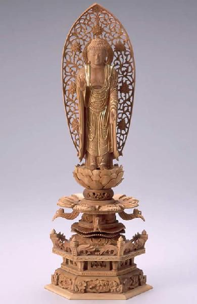 古美術白檀　金泥書　西型阿弥陀如来　4.5寸　六角ケマン台　木彫り　仏像　アンティーク