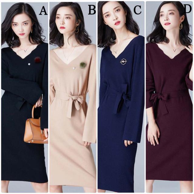 レディース ニットワンピース Vネック 長袖 スカート ネイビー ワインレッド ベージュ ブラック M L サイズ 送料無料の通販はau Pay マーケット エルネフジャパン