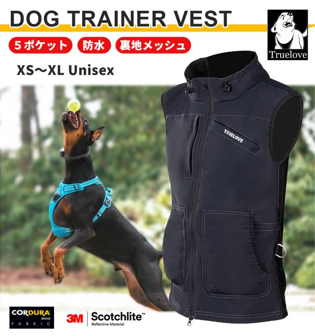 Truelove トレーナー用 ベスト ジャケット ブラック XS〜XL コーデュラ ナイロン unisex 高機能 防水 撥水 3M反射 安全性 5ポケット 裏地メッシュ 快適 着心地が良い 通気性 高耐久性 犬の訓練 トレーニング スタイリッシュ 高品質 ドッグトレーナーベスト