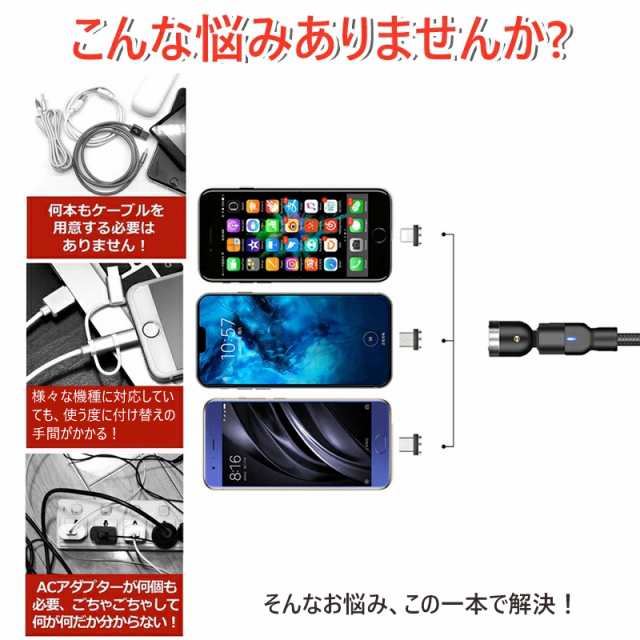 マグネット充電ケーブル L字型 iPhone Type-C Micro USB 高速充電 LED