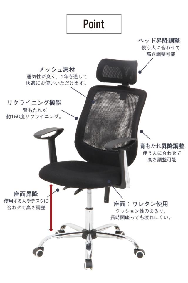 【値下げ】デスクチェア メッシュ ヘッド付 ハイバック オフィスチェア リクライニング 肘付き アームアップ 昇降 ロッキング 回転 キャスター付き_2
