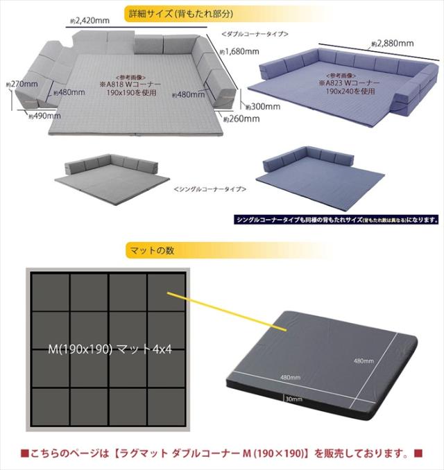 ダブルコーナーラグマット M 背もたれ付き ラグ マット 厚手キルト 和楽 ZONIA 190×190cm 子供 プレイマット_13