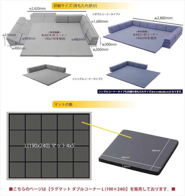 ダブルコーナーラグマット L 背もたれ付き ラグ マット 厚手キルト 和楽 ZONIA 190×240cm 子供 プレイマット_13