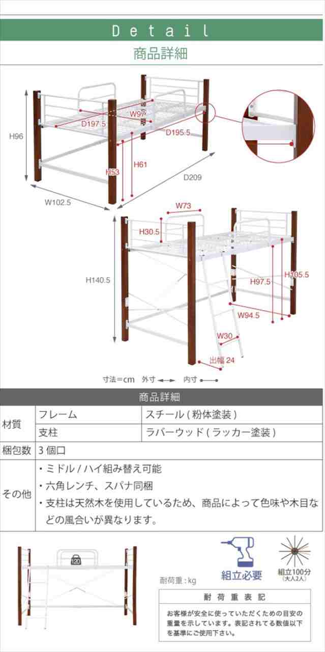 ロフトベッド 天然木 低め ロータイプ シングル パイプ システムベッド フレーム 高さ 140.5cm 幅 209cm 高さ調節 頑丈 転落防止 手すり 