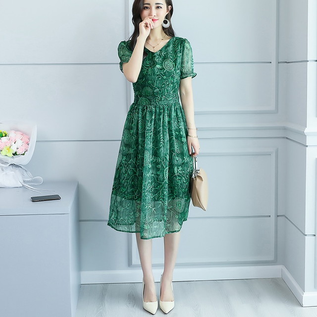 ワンピース ボタニカル柄 花柄 半袖 グリーン 爽やか シースルー ミディアム丈 シフォン フレア バルーンスリーブ 上品 春夏の通販はwowma Fun To Choose