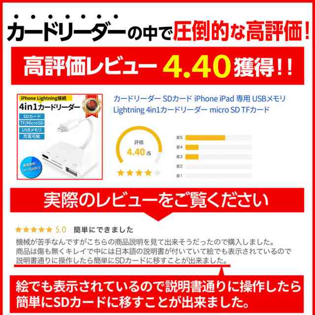 カードリーダーiphone カードリーダー SDカード iPhone iPad 専用 USBメモリ micro SD TF カメラ Lightning  4in1カードリーダー の通販はau PAY マーケット - Elephant-Japan