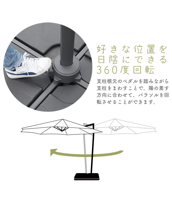 太陽に合わせて回転 角度調整 ガーデンパラソルセット 300ｃｍ ハンギングパラソル タンク式 ベース付き 大型 おしゃれ 3ｍ 風に強い 吊り下げ式 UVカット アウトドア 自立式 安い グランピング ベランピング 大きい 大きめ_9