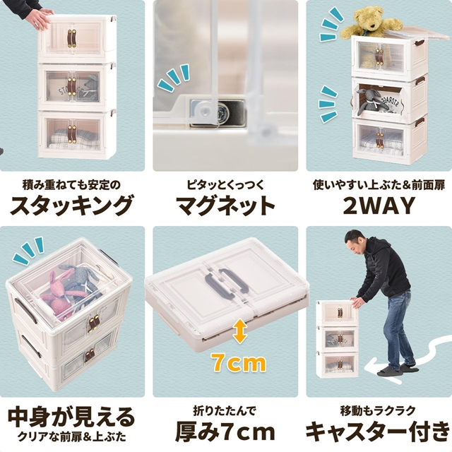 3個セット 積んでも取り出せる前扉付き 収納ボックス 小 【送料無料】 3段 コンテナボックス プラスチック ふた付き スタッキング 積み重ね キャスター付き 折りたたみ 透明 コンパクト カラーボックス_3