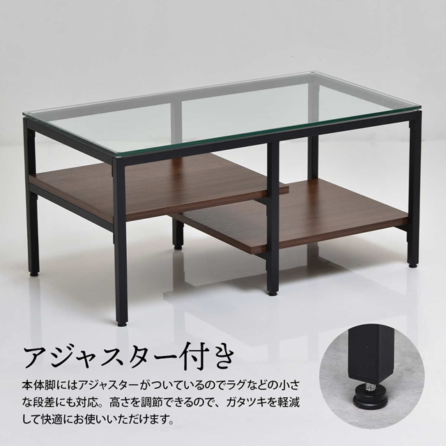 おしゃれに魅せる 段違い棚付き ガラス天板 センターテーブル 幅80 【送料無料】 ガラステーブル ローテーブル リビングテーブル ソファーテーブル アイアン 木目 シンプル モダン_11