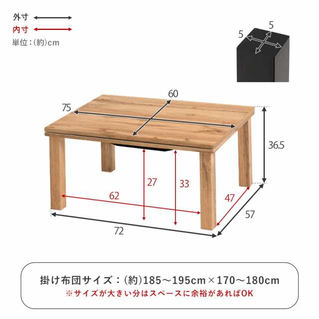 無垢材のようなリアルな木目 カジュアルこたつ 75×60 こたつ テーブル 長方形 おしゃれ コンパクト 一人用こたつ ミニこたつ 一人暮らし  小さいこたつ コタツ 炬燵｜au PAY マーケット