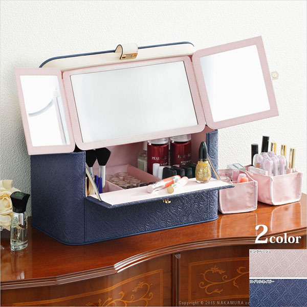 収納力に自信あり 鏡付き メイクボックス 送料無料 大容量 三面鏡付き コスメボックス おしゃれ バニティ アラベスク 持ち運び かわいい 大きい ワイド ピンク 激安 大容量 鏡付き 三面鏡付きメイクボックス 鏡付き化粧ボックスの通販は 13,430円