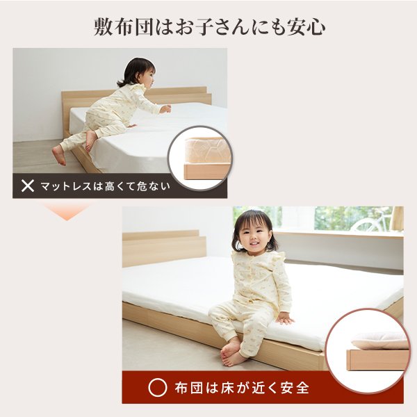 敷き布団が使えるフラット構造 ローベッド シングル フレームのみ 送料無料 フロアベッド シングル 木製 ローベッド フレーム 連結 宮付き コンセント 棚付き 布団 フラット 頑丈 ウォールナット ナチュラル フラットベッド ロータイプ 低いベッド_2